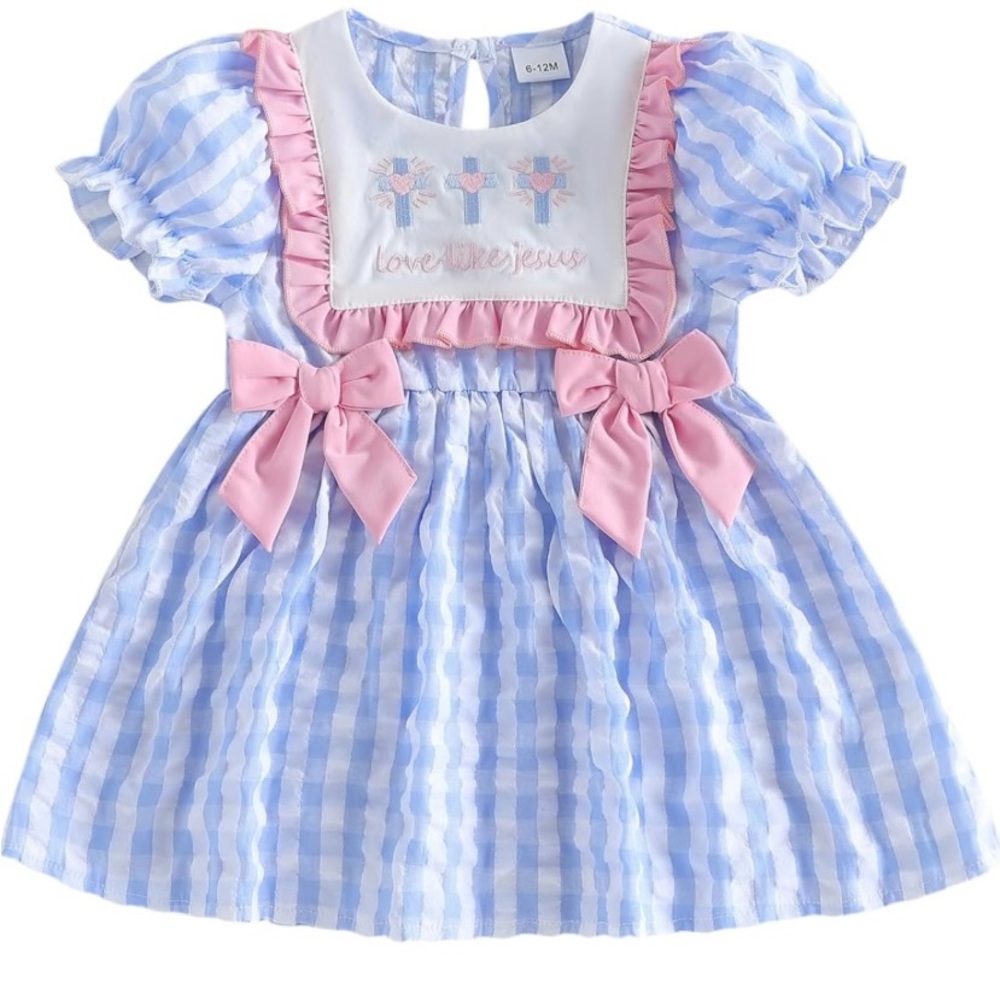 Girls Blue Christian Outfit Love Jesus Cross  Baby Dress - Pink Ribbons 4-5 Y